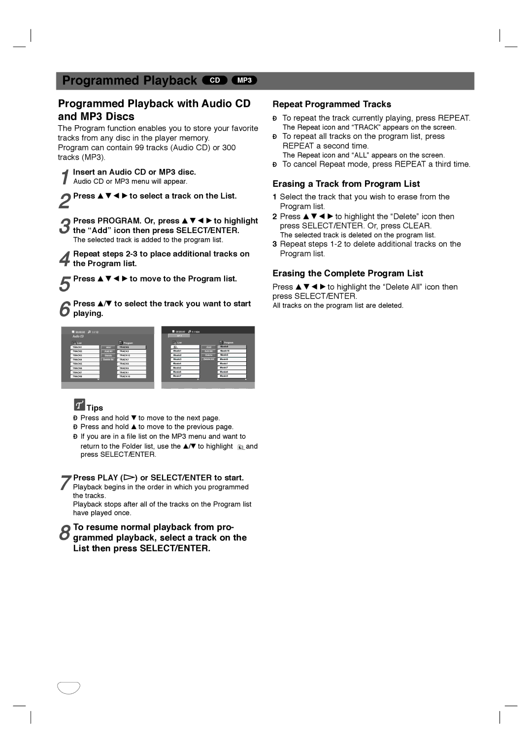 Sanyo SCP-2700 Programmed Playback CD MP3, Programmed Playback with Audio CD and MP3 Discs, Insert an Audio CD or MP3 disc 