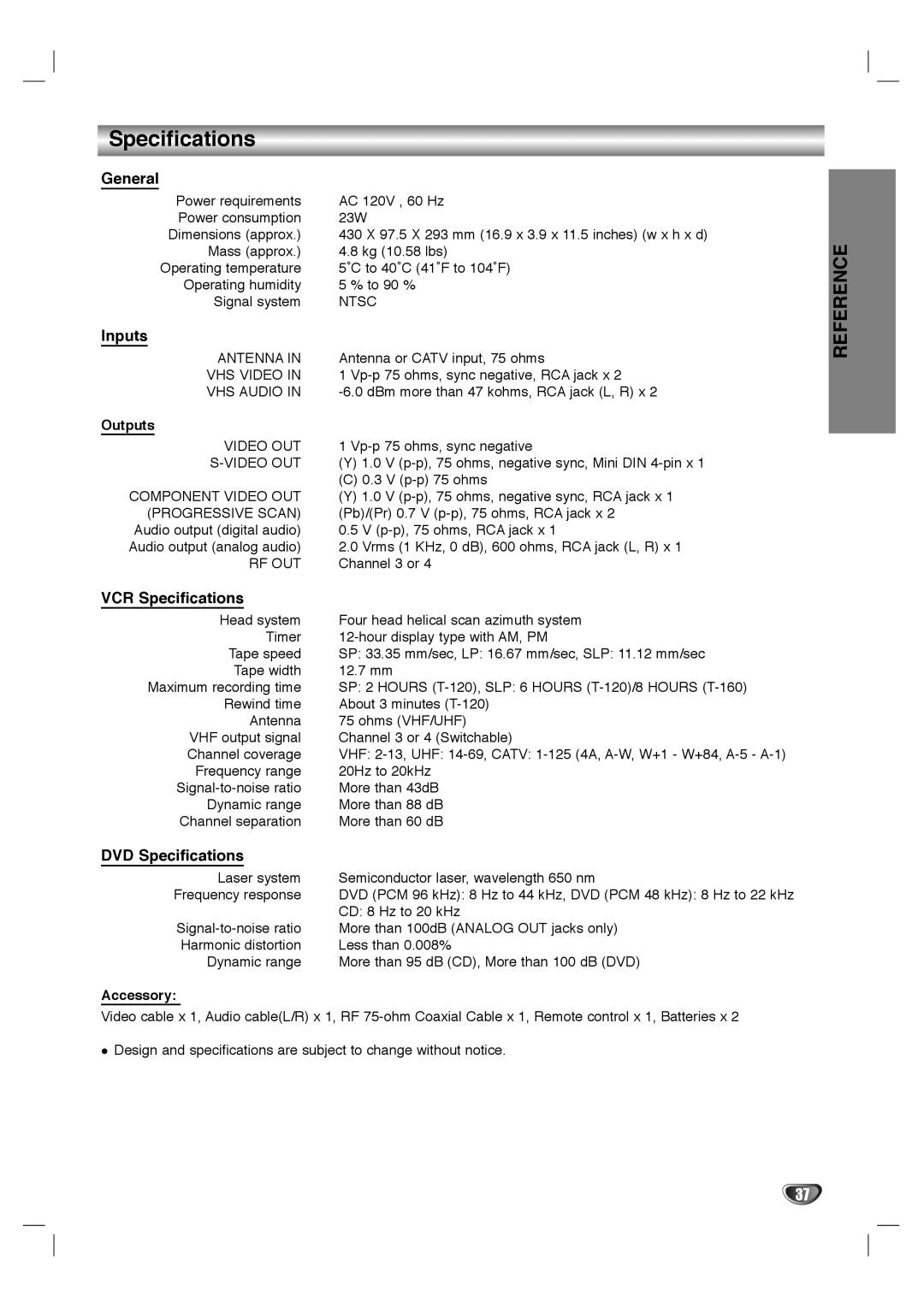 Sanyo SCP-2700 instruction manual General, Inputs, VCR Specifications, DVD Specifications 