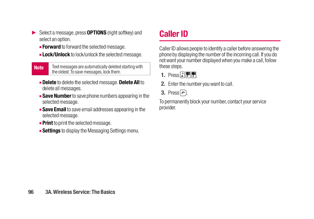 Sanyo SCP-2700 manual Caller ID, 96 3A. Wireless Service The Basics, Lock/Unlock to lock/unlock the selected message 