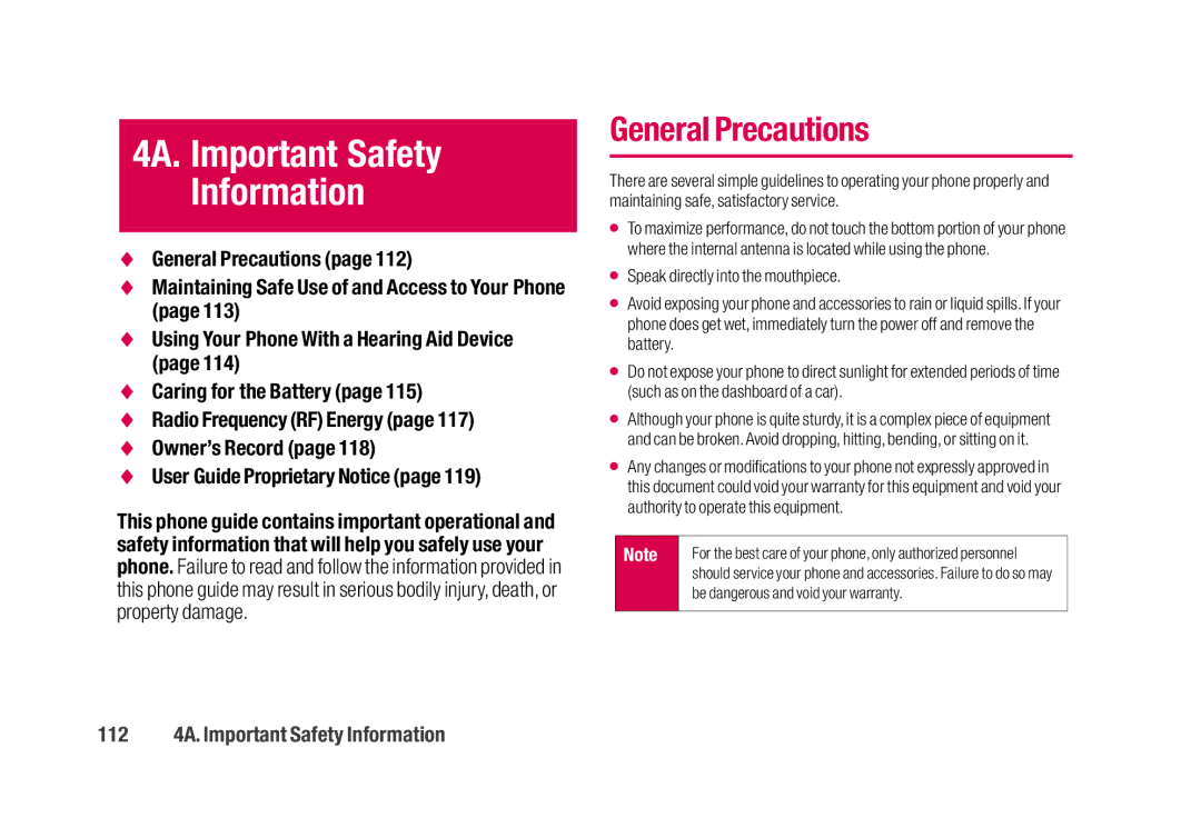 Sanyo SCP-2700 manual General Precautions, 112 4A. Important Safety Information 