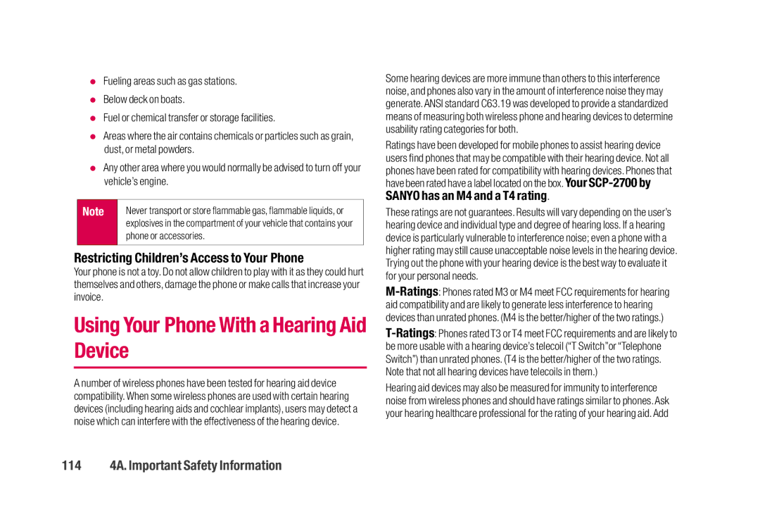 Sanyo SCP-2700 manual Using Your Phone With a Hearing Aid Device, Restricting Children’s Access to Your Phone 