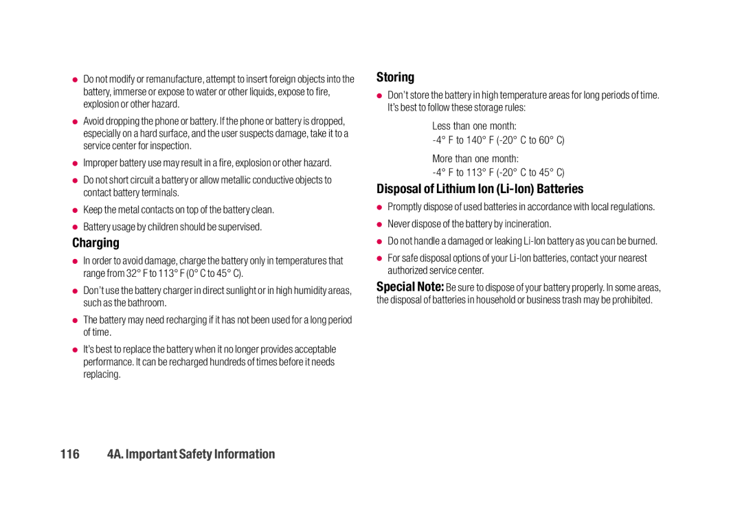 Sanyo SCP-2700 manual Charging, Storing, Disposal of Lithium Ion Li-Ion Batteries, 116 4A. Important Safety Information 