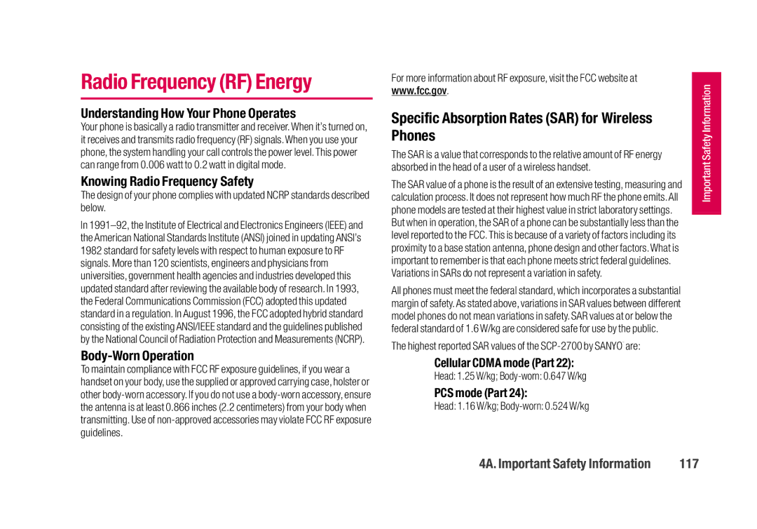 Sanyo SCP-2700 manual Radio Frequency RF Energy, Specific Absorption Rates SAR for Wireless Phones, 117 