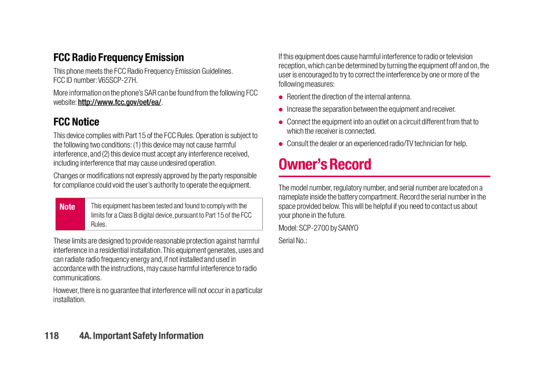 Sanyo SCP-2700 manual Owner’s Record, FCC Radio Frequency Emission, FCC Notice, 118 4A. Important Safety Information 