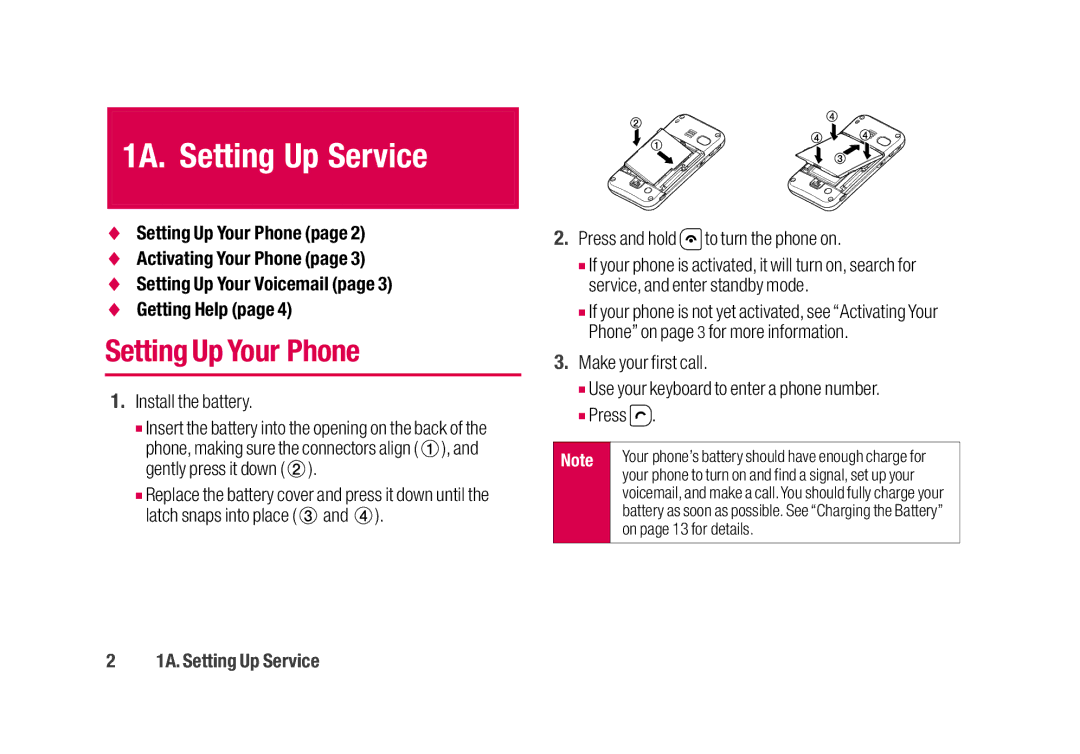 Sanyo SCP-2700 1A. Setting Up Service, Setting Up Your Phone, Install the battery, Press and hold to turn the phone on 