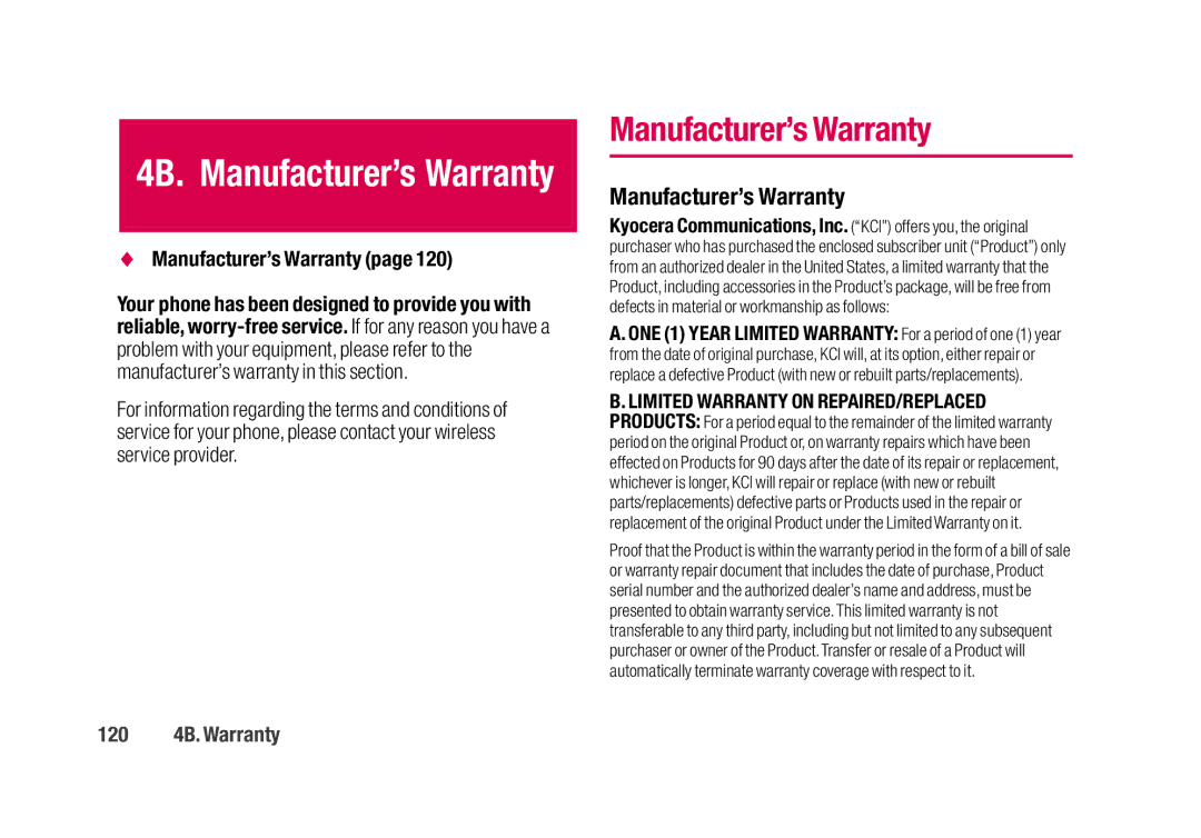 Sanyo SCP-2700 manual Manufacturer’s Warranty, 120 4B. Warranty 