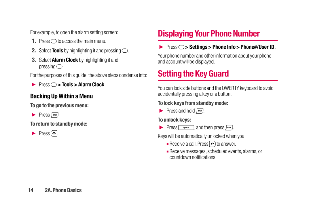 Sanyo SCP-2700 manual Displaying Your Phone Number, Setting the Key Guard, Backing Up Within a Menu 