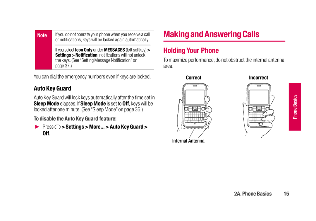 Sanyo SCP-2700 manual Making and Answering Calls, Holding Your Phone, To disable the Auto Key Guard feature 