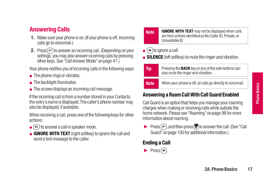 Sanyo SCP-2700 manual Answering Calls, Ending a Call, To ignore a call, Answering a Roam Call With Call Guard Enabled 