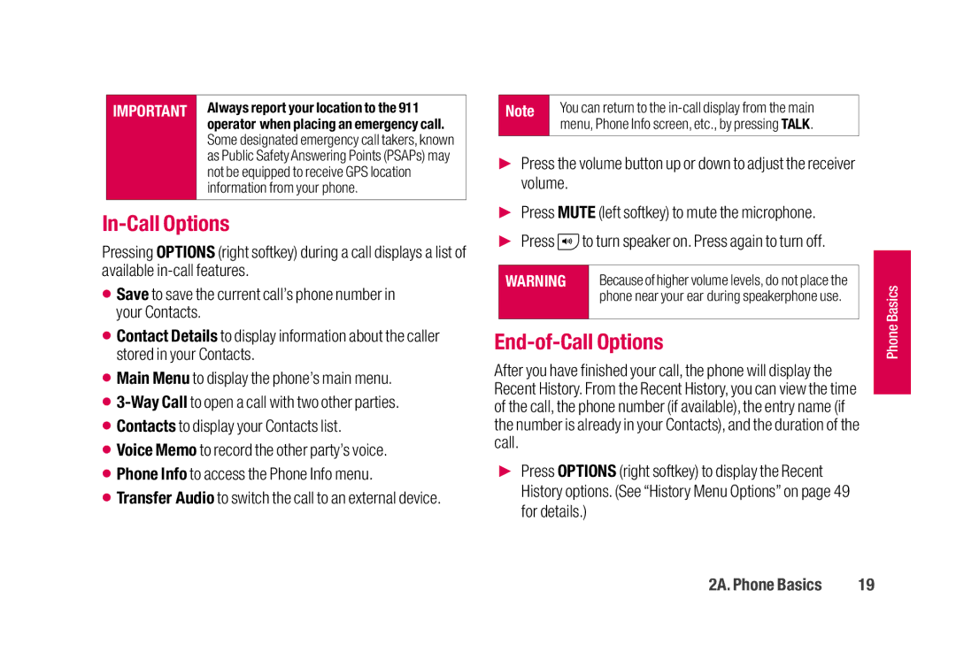 Sanyo SCP-2700 manual In-Call Options, End-of-Call Options, Press to turn speaker on. Press again to turn off 