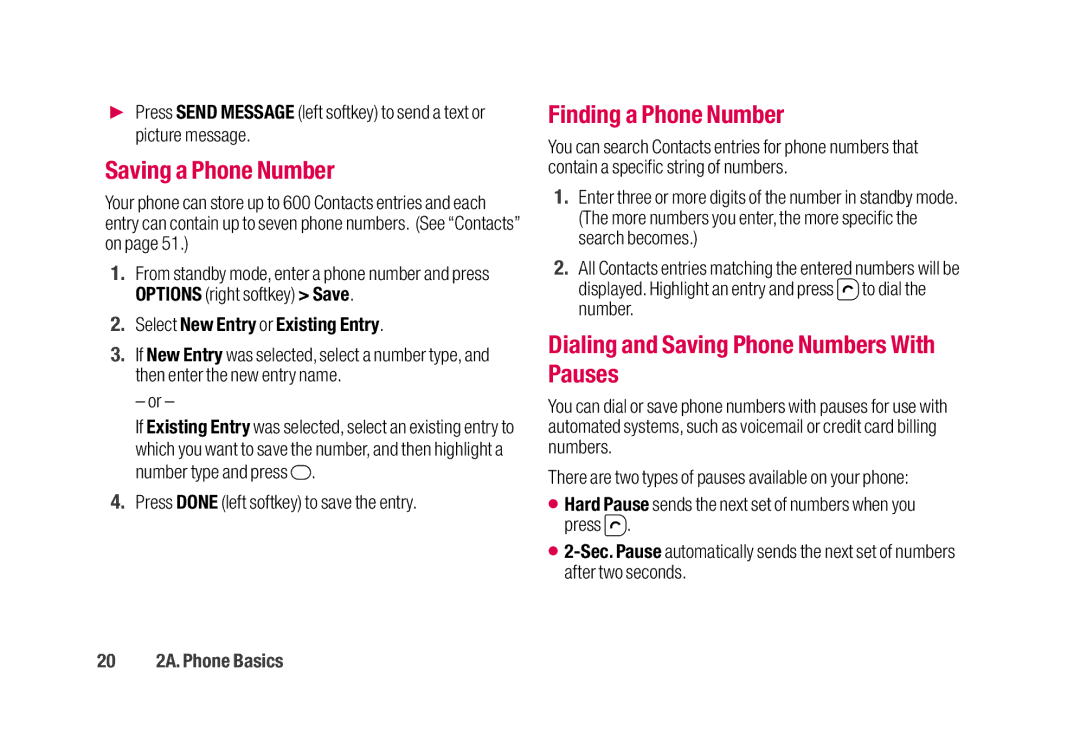 Sanyo SCP-2700 manual Saving a Phone Number, Finding a Phone Number, Dialing and Saving Phone Numbers With Pauses 