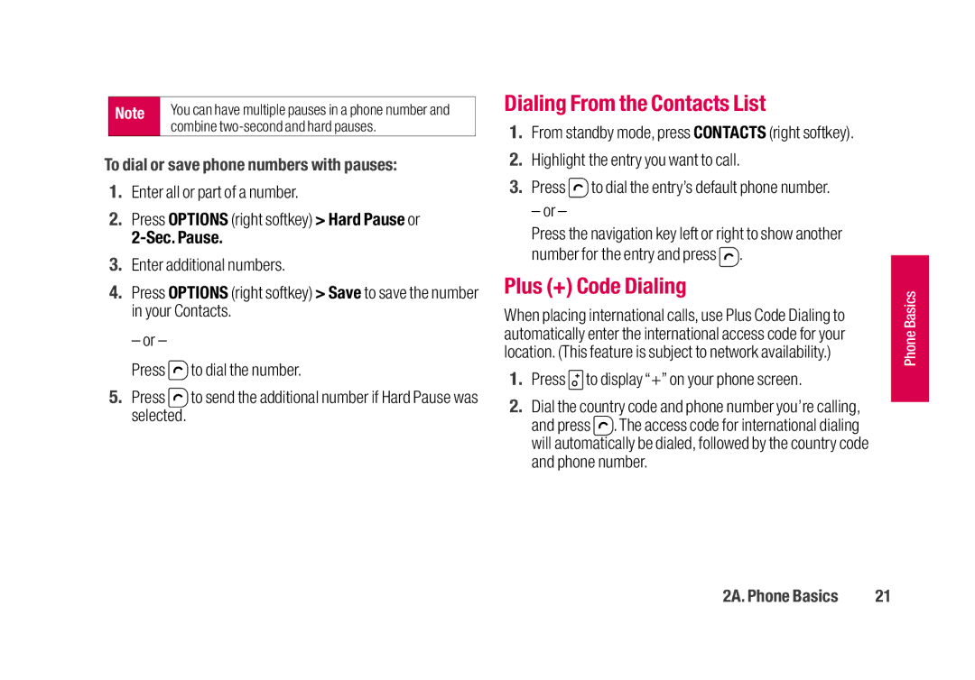 Sanyo SCP-2700 Dialing From the Contacts List, Plus + Code Dialing, To dial or save phone numbers with pauses, Sec. Pause 