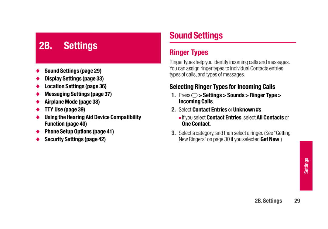 Sanyo SCP-2700 manual 2B. Settings, Sound Settings, Selecting Ringer Types for Incoming Calls 