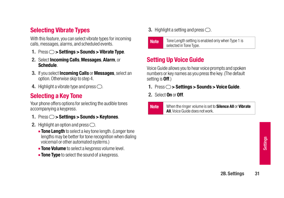 Sanyo SCP-2700 manual Selecting Vibrate Types, Selecting a Key Tone, Setting Up Voice Guide, Press Settings Sounds Keytones 