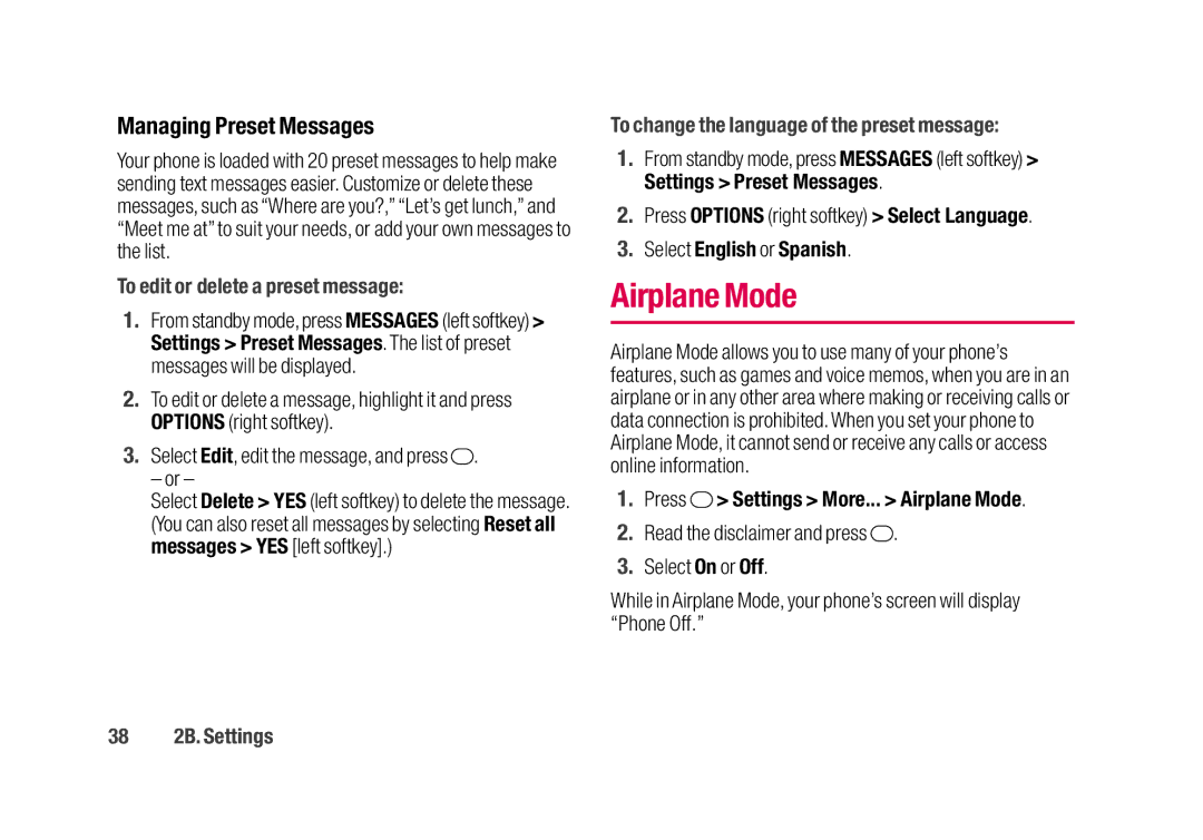 Sanyo SCP-2700 manual Airplane Mode, Managing Preset Messages, To edit or delete a preset message, 38 2B. Settings 