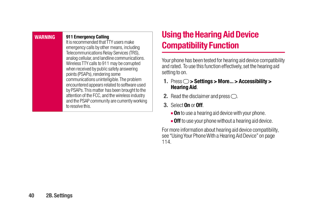 Sanyo SCP-2700 manual Press Settings More... Accessibility Hearing Aid, 40 2B. Settings 