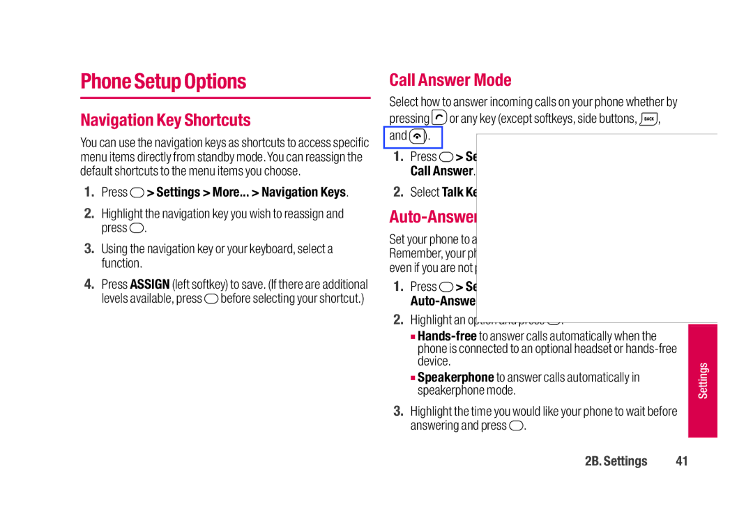 Sanyo SCP-2700 manual Phone Setup Options, Navigation Key Shortcuts, Call Answer Mode, Auto-Answer Mode 