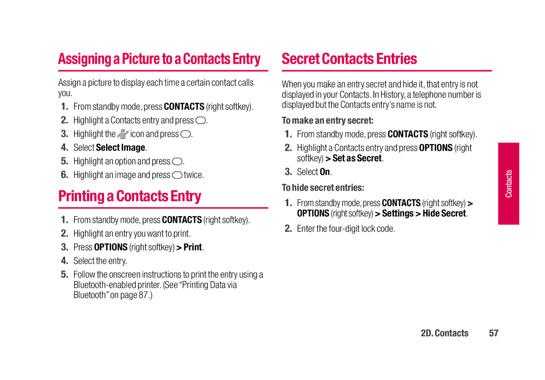 Sanyo SCP-2700 manual Printing a Contacts Entry, Secret Contacts Entries, Select Select Image, To make an entry secret 