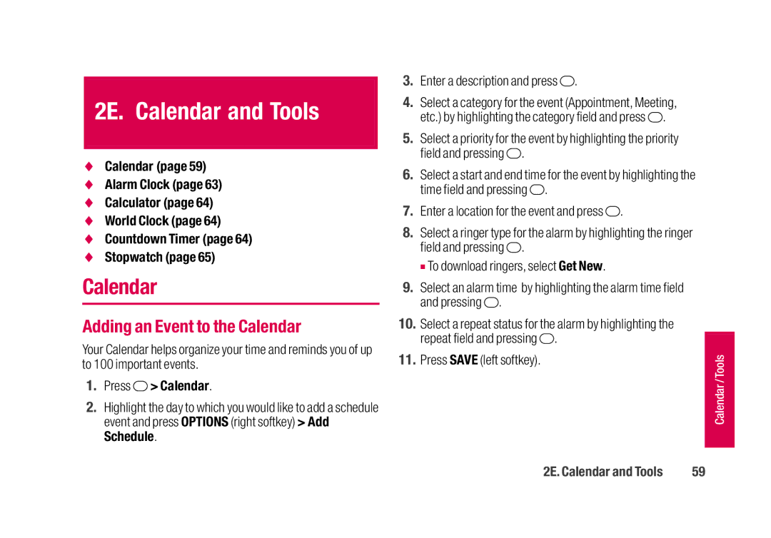 Sanyo SCP-2700 manual 2E. Calendar and Tools, Adding an Event to the Calendar, Press Calendar 