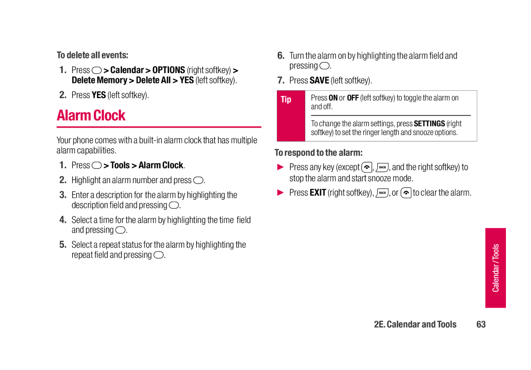 Sanyo SCP-2700 manual Alarm Clock, To delete all events, Highlight an alarm number and press, Off 