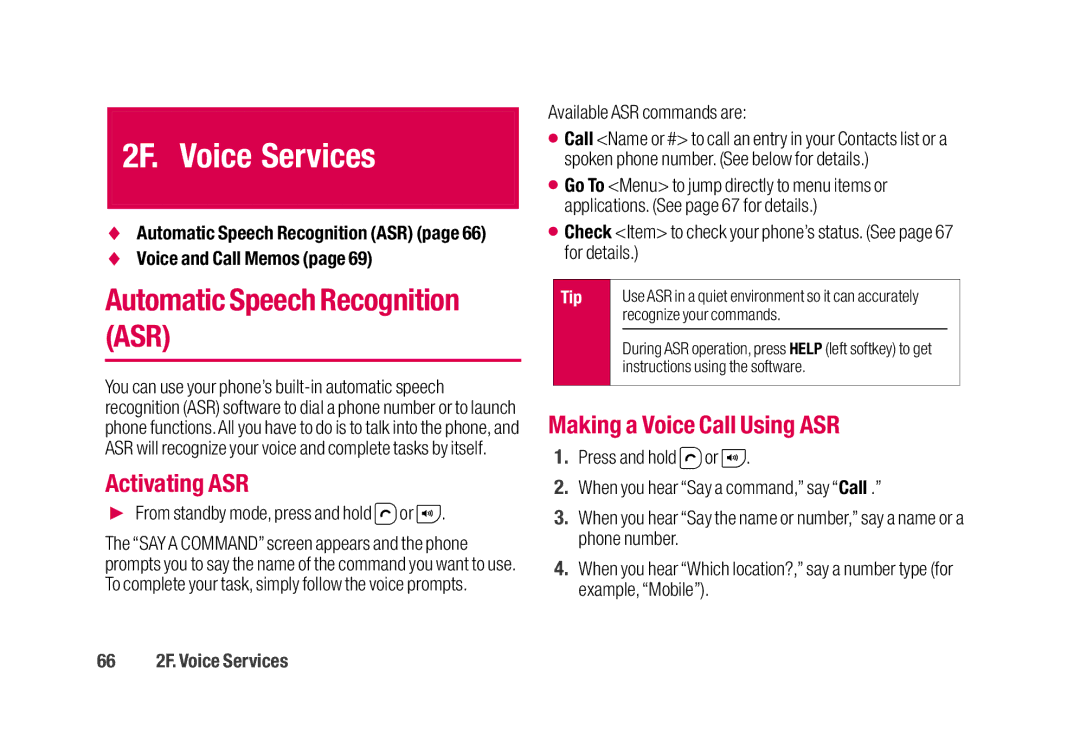 Sanyo SCP-2700 manual 2F. Voice Services, Automatic Speech Recognition ASR, Activating ASR, Making a Voice Call Using ASR 