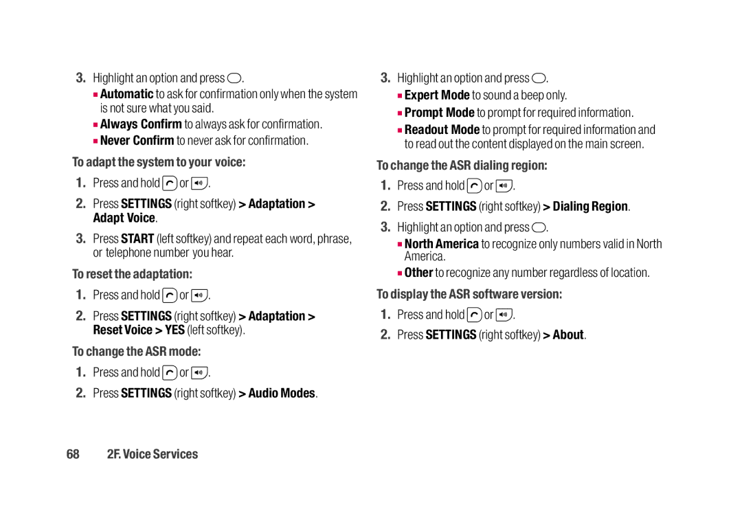 Sanyo SCP-2700 To adapt the system to your voice, To reset the adaptation, To change the ASR mode, 68 2F. Voice Services 