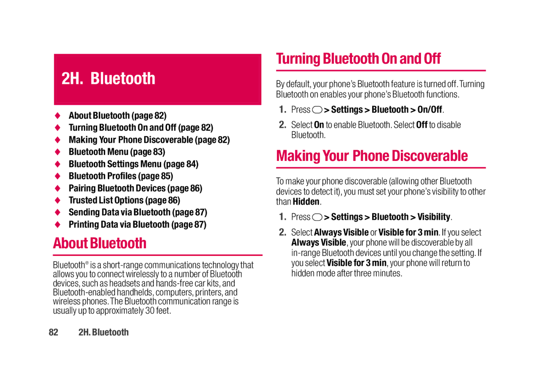 Sanyo SCP-2700 manual About Bluetooth, Turning Bluetooth On and Off, 82 2H. Bluetooth 