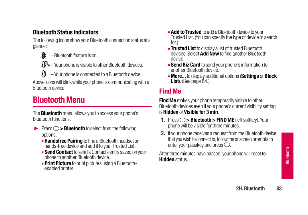 Sanyo SCP-2700 manual Bluetooth Menu, Find Me, Bluetooth Status Indicators, Is Hidden or Visible for 3 min 