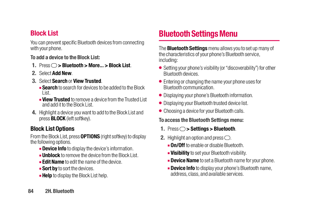 Sanyo SCP-2700 manual Bluetooth Settings Menu, Block List Options 