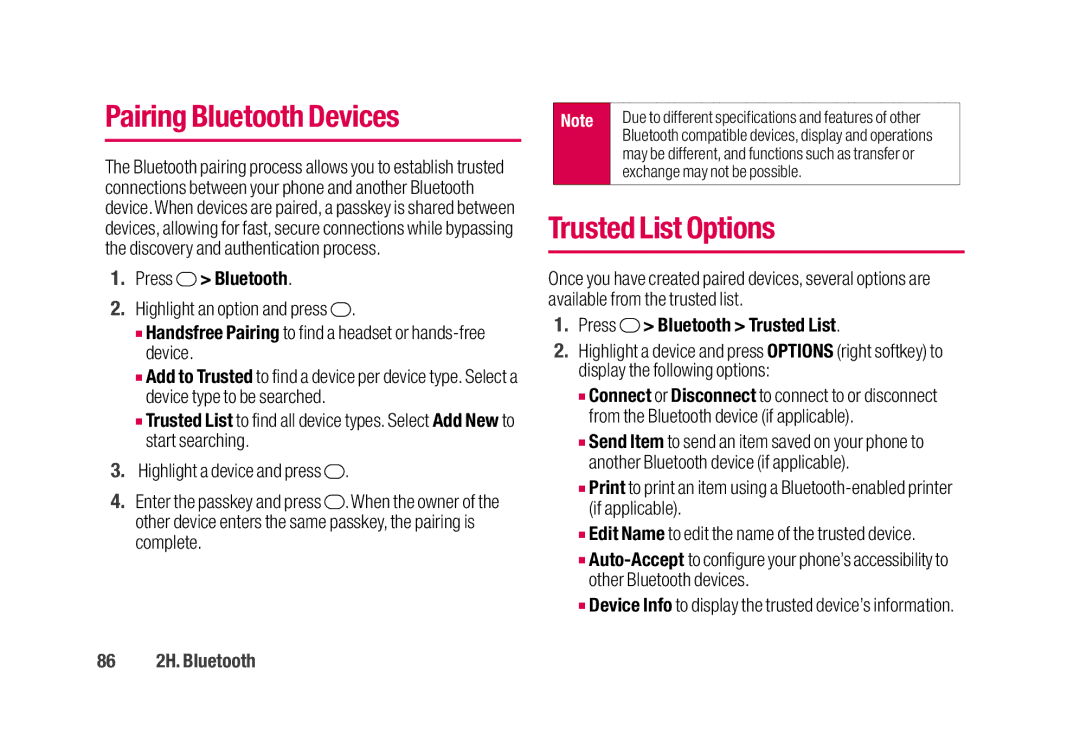 Sanyo SCP-2700 manual Pairing Bluetooth Devices, Trusted List Options, Press Bluetooth Trusted List, 86 2H. Bluetooth 