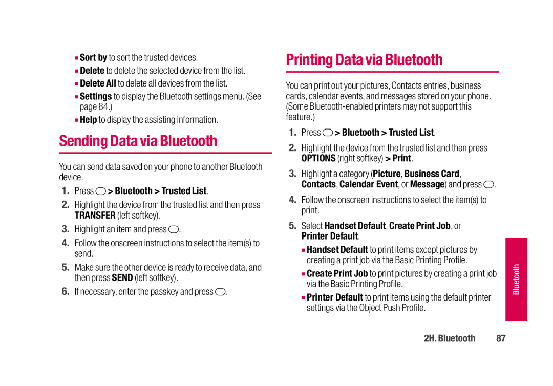 Sanyo SCP-2700 manual Sending Data via Bluetooth, Printing Data via Bluetooth, If necessary, enter the passkey and press 