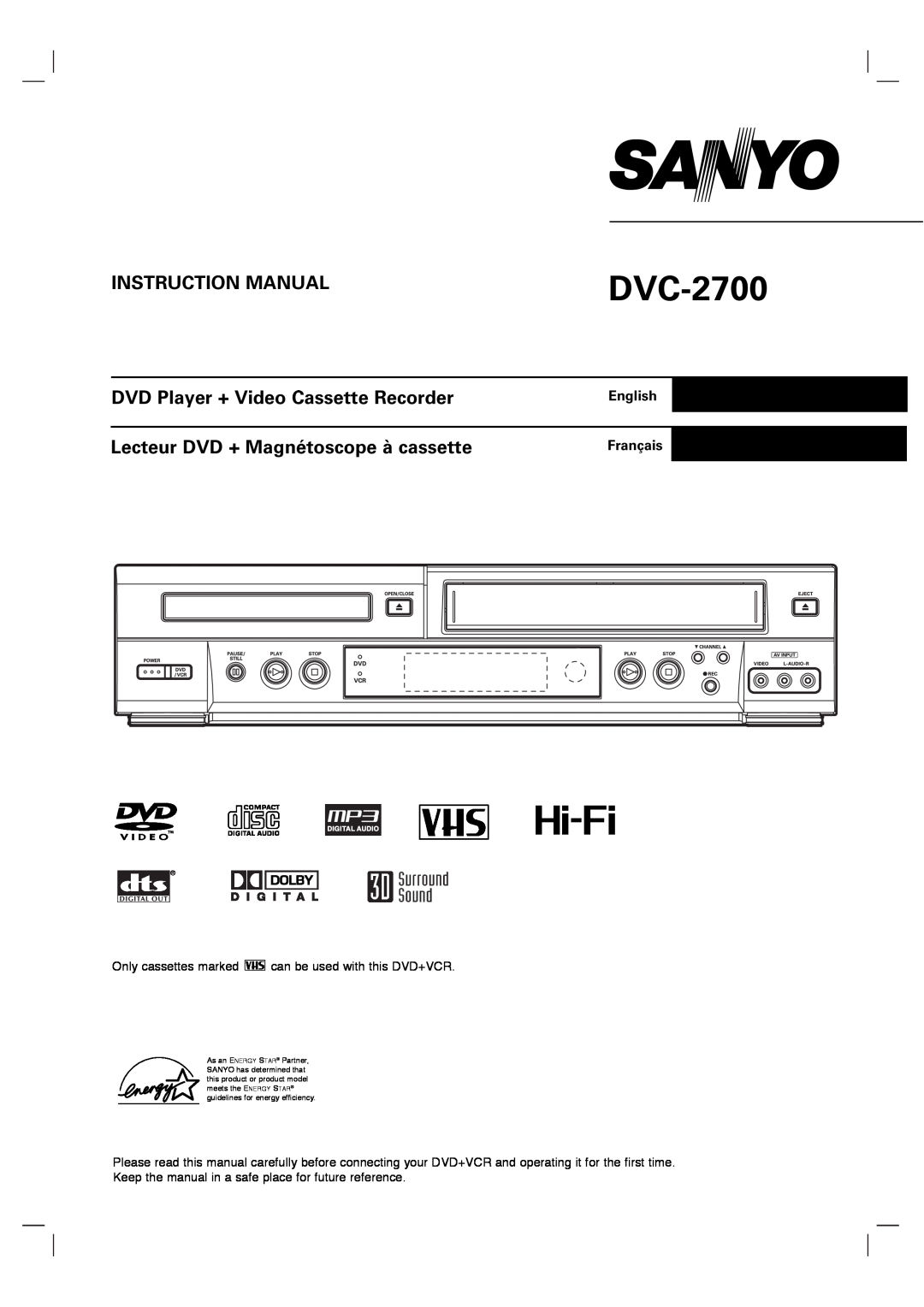 Sanyo SCP-2700 instruction manual English, Français, DVC-2700, Instruction Manual, DVD Player + Video Cassette Recorder 