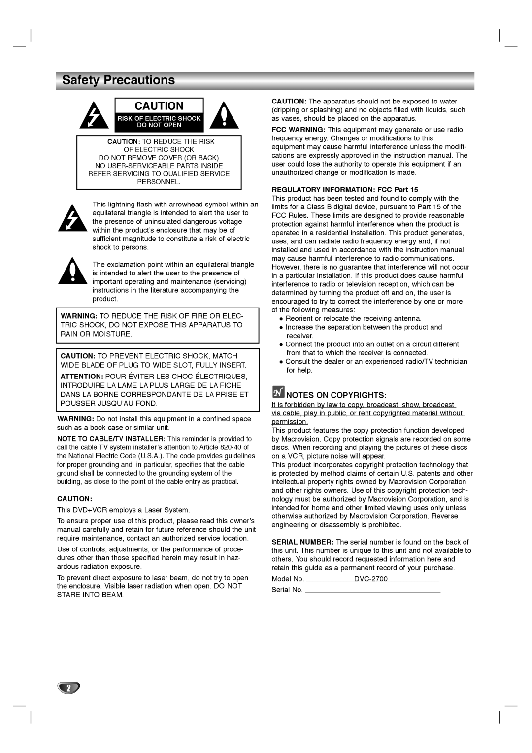 Sanyo SCP-2700 instruction manual Safety Precautions, Notes On Copyrights, REGULATORY INFORMATION FCC Part 
