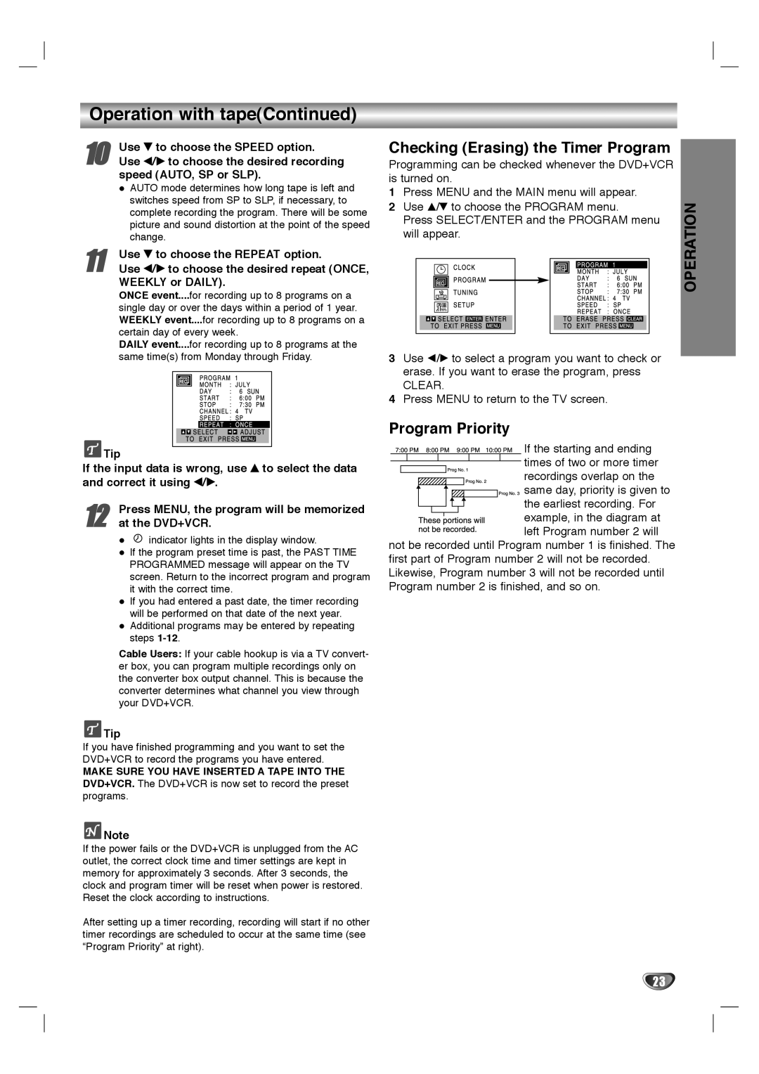 Sanyo SCP-2700 instruction manual Operation with tapeContinued, Checking Erasing the Timer Program, Program Priority 