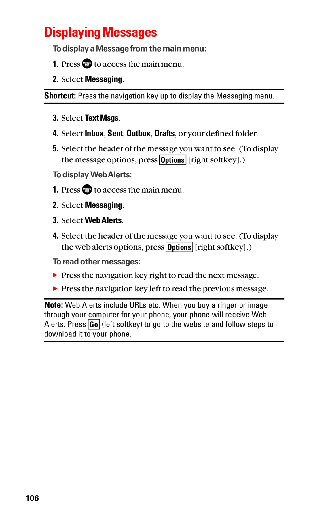 Sanyo SCP-3100 manual Displaying Messages, Select Text Msgs, Select Messaging Select Web Alerts 