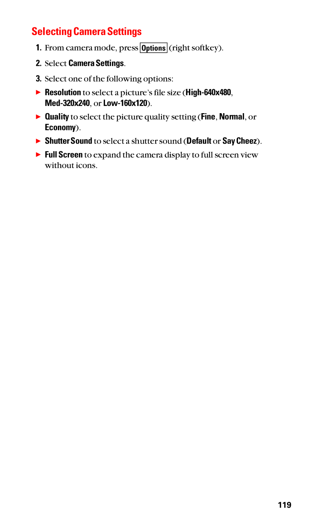 Sanyo SCP-3100 manual Selecting Camera Settings, Select Camera Settings, Med-320x240, or Low-160x120, Economy 