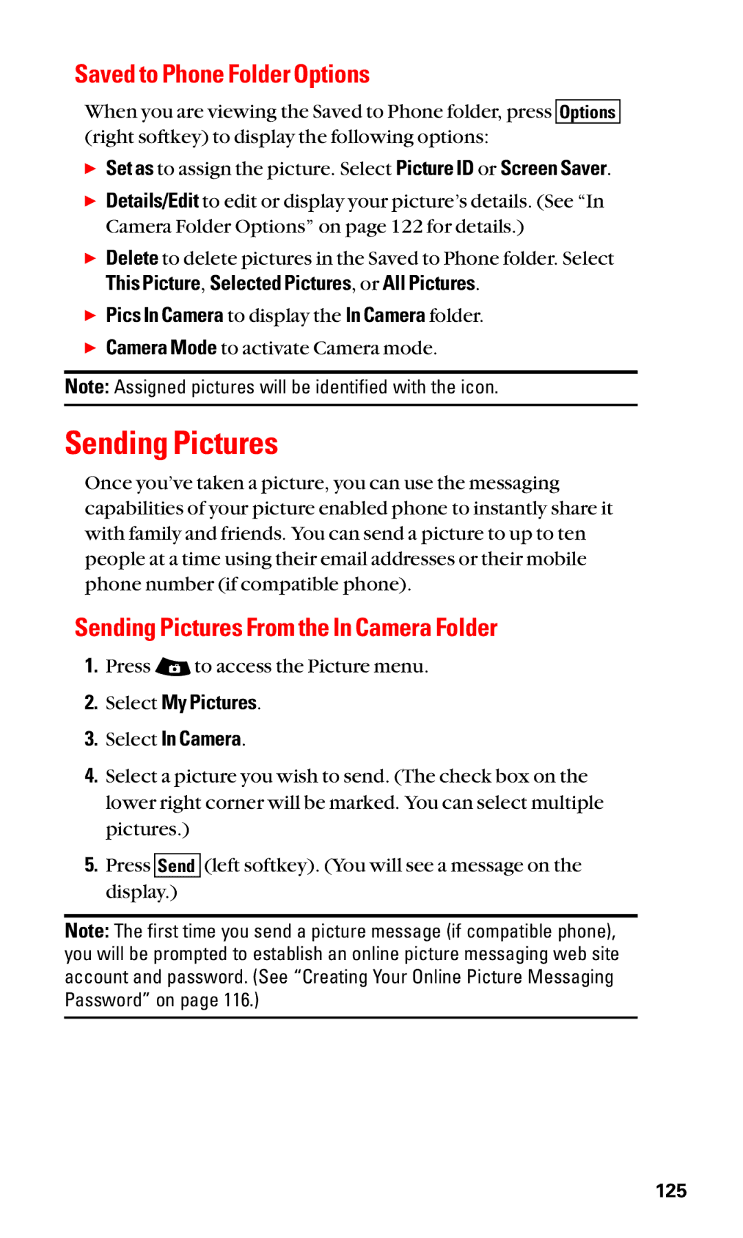 Sanyo SCP-3100 manual Saved to Phone Folder Options, Sending Pictures From the In Camera Folder 