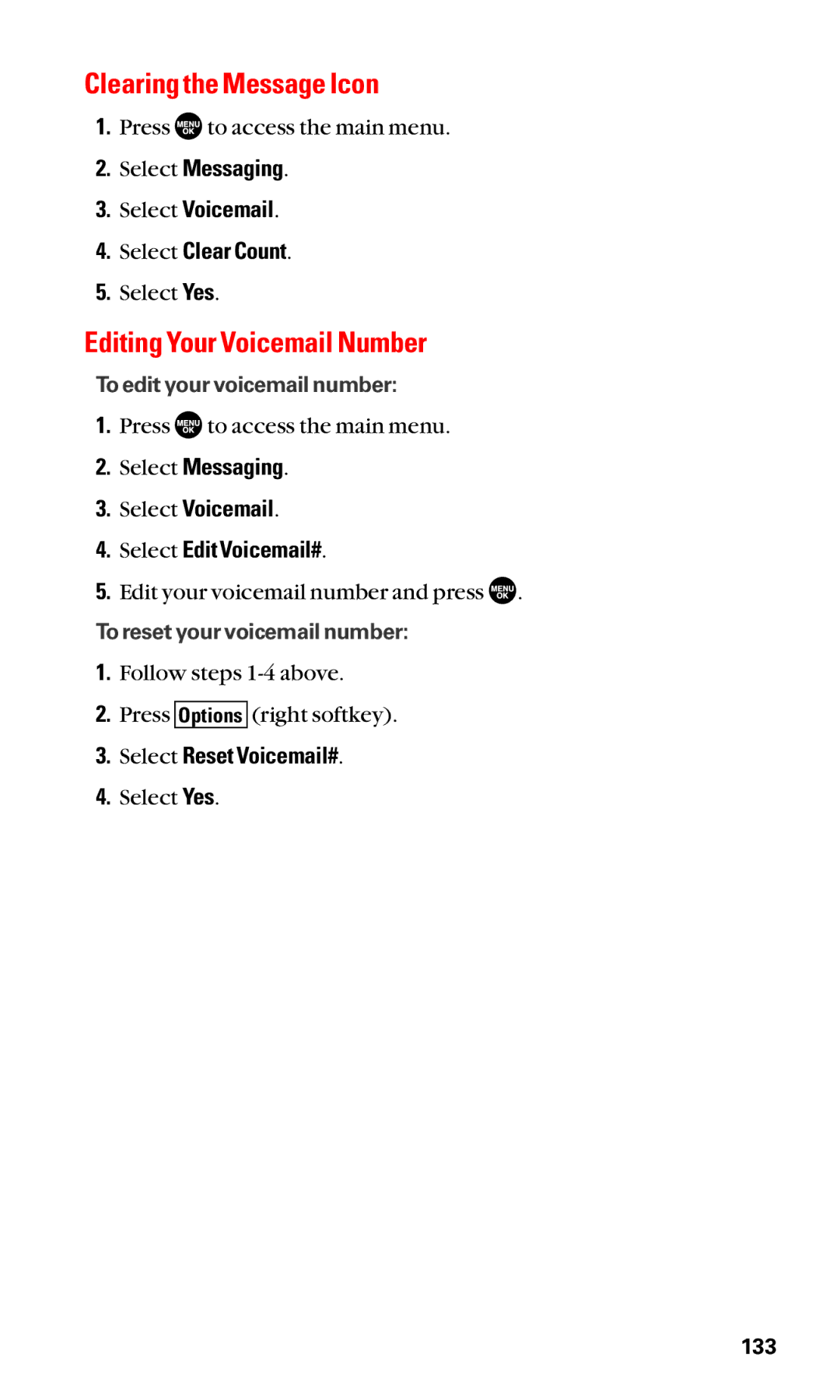 Sanyo SCP-3100 manual Clearing the Message Icon, Editing Your Voicemail Number, Select Reset Voicemail# 