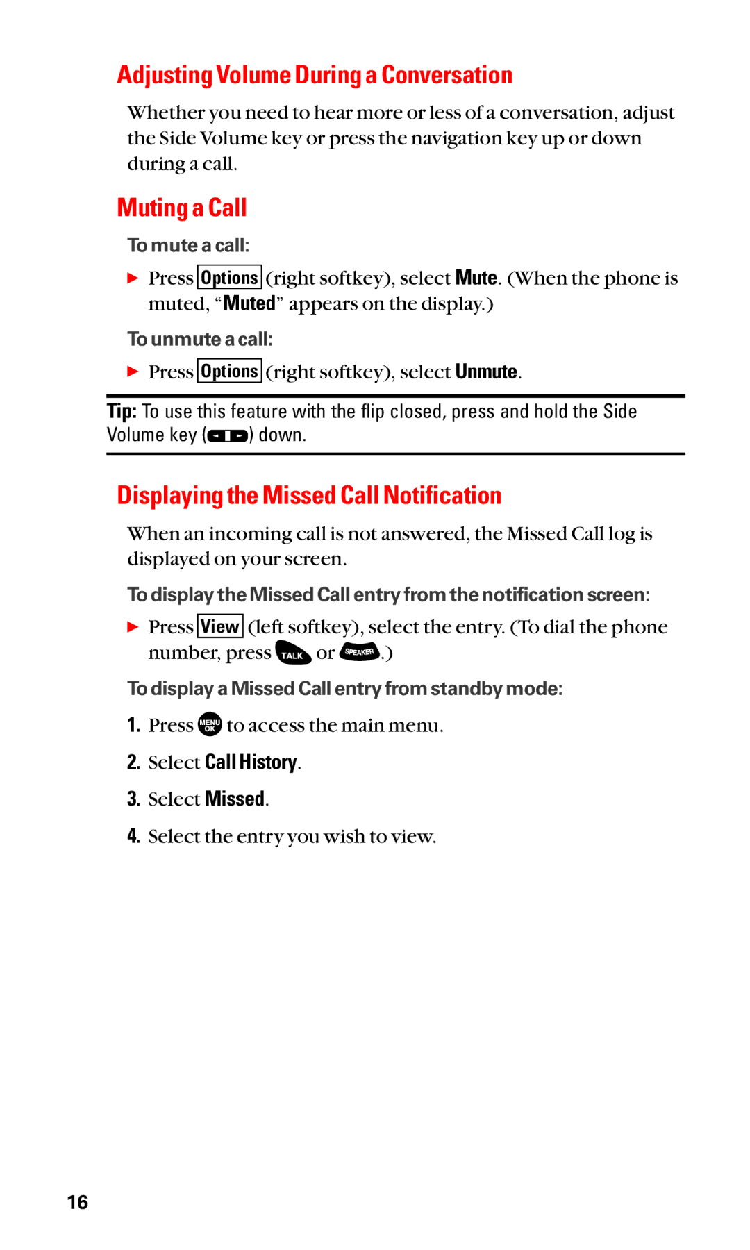 Sanyo SCP-3100 manual Adjusting Volume During a Conversation, Muting a Call, Displaying the Missed Call Notification 