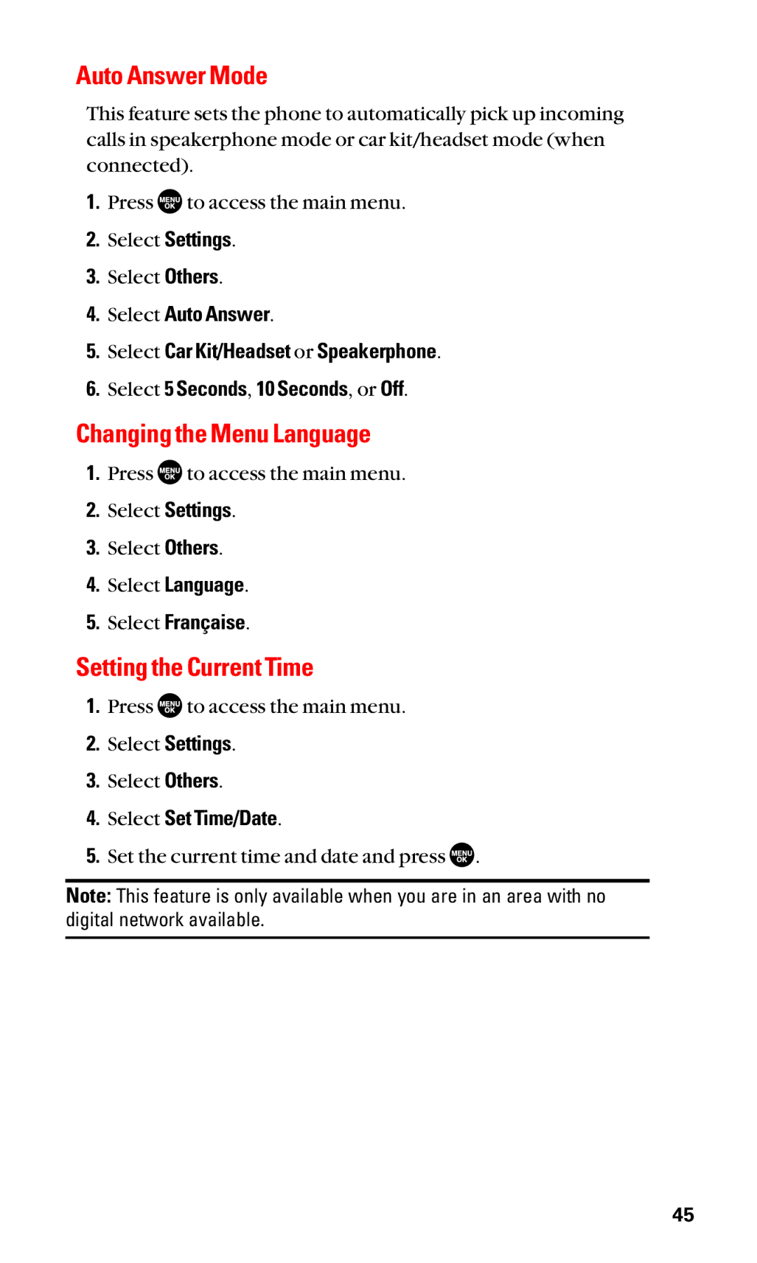 Sanyo SCP-3100 manual Auto Answer Mode, Changing the Menu Language, Setting the Current Time, Select Française 