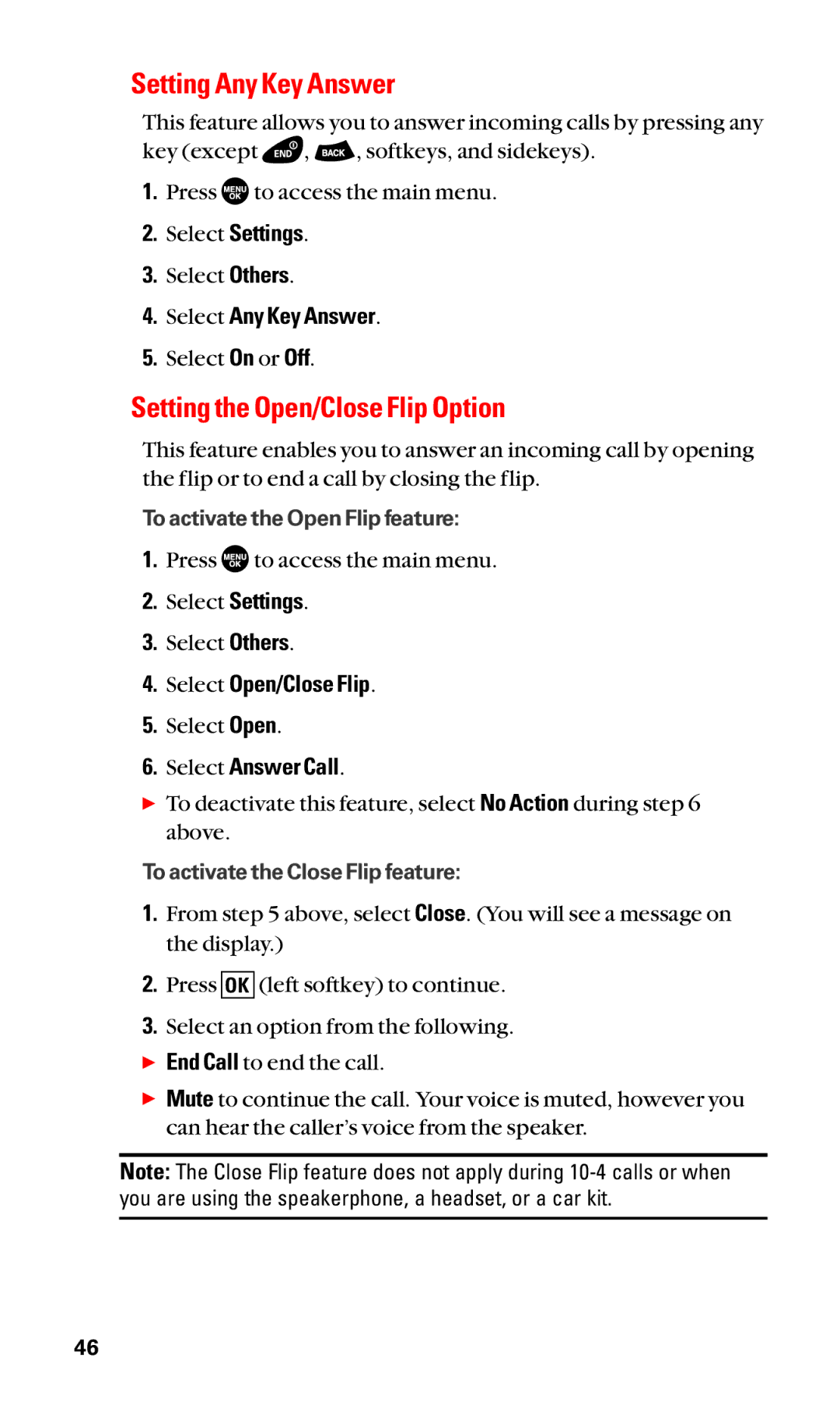 Sanyo SCP-3100 Setting Any Key Answer, Setting the Open/Close Flip Option, Select Any Key Answer, Select Open/Close Flip 