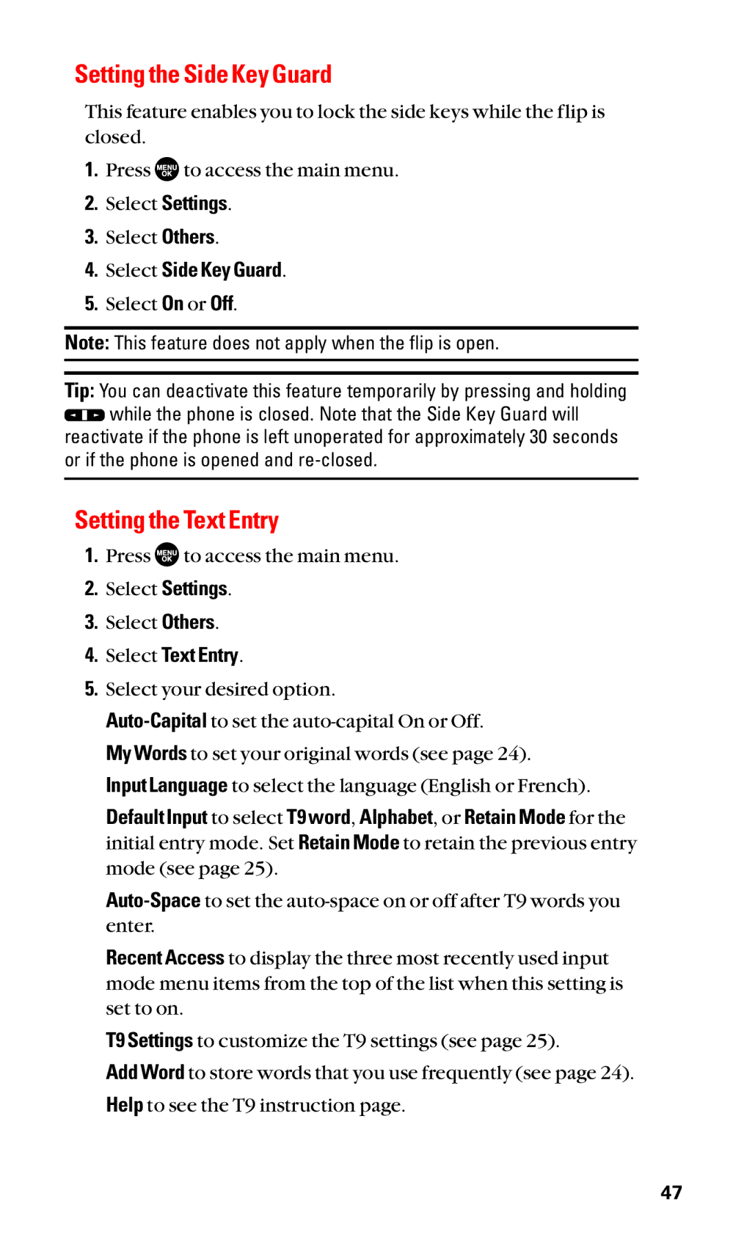 Sanyo SCP-3100 manual Setting the Side Key Guard, Setting the Text Entry, Select Side Key Guard 