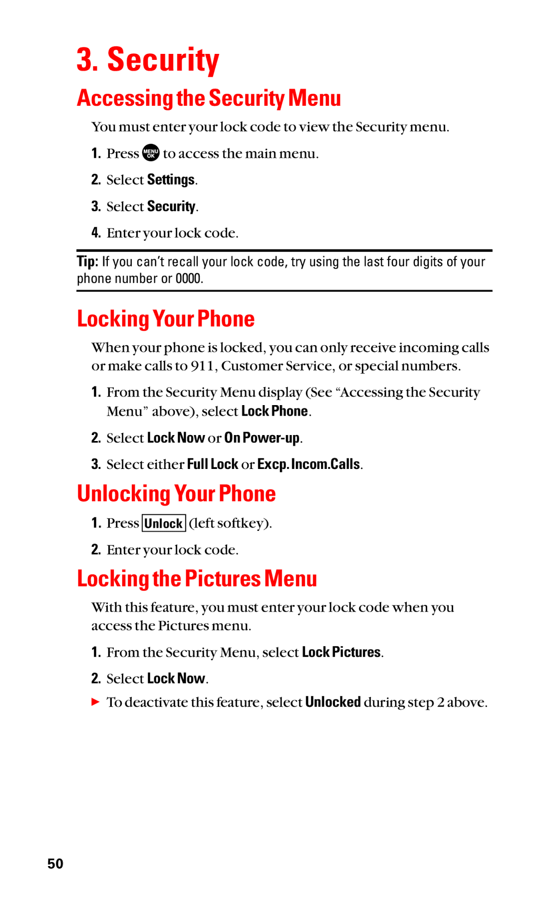 Sanyo SCP-3100 manual Accessing the Security Menu, Locking Your Phone, Unlocking Your Phone, Locking the Pictures Menu 
