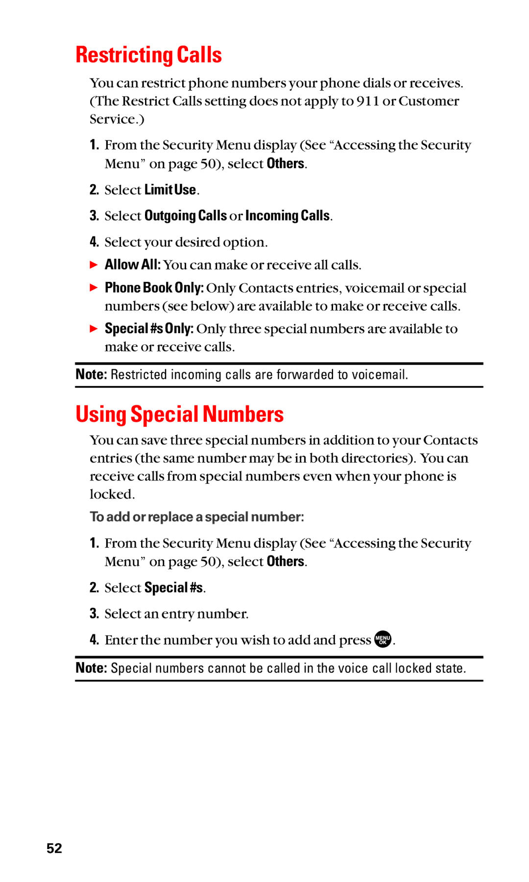 Sanyo SCP-3100 manual Restricting Calls, Using Special Numbers, Select Limit Use Select Outgoing Calls or Incoming Calls 