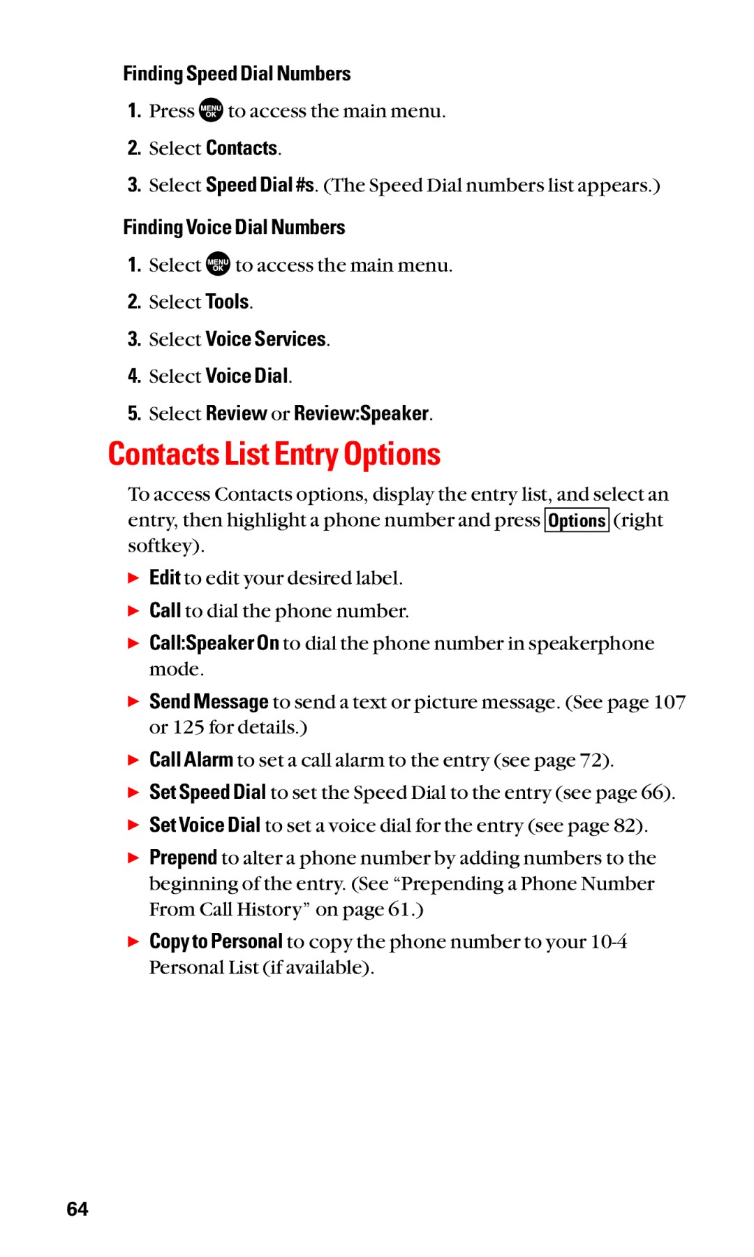 Sanyo SCP-3100 manual Contacts List Entry Options, Finding Speed Dial Numbers, Finding Voice Dial Numbers 