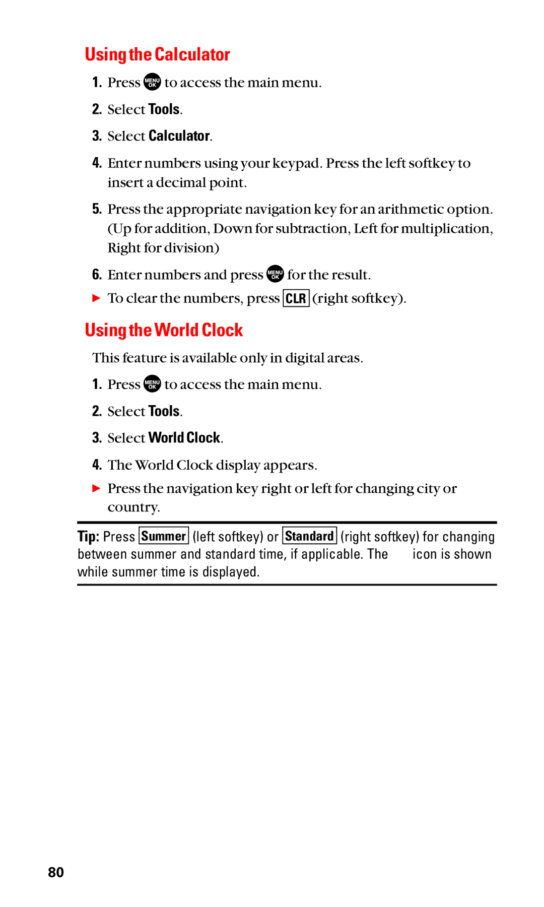 Sanyo SCP-3100 manual Using the Calculator, Using the World Clock, Select Calculator, Select World Clock 