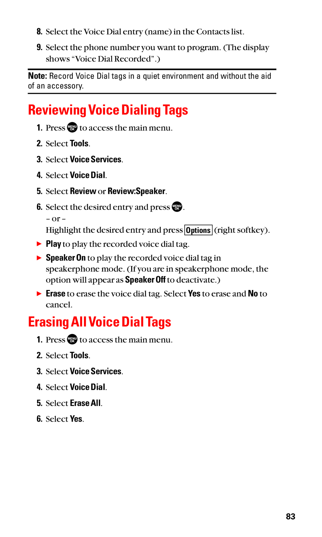 Sanyo SCP-3100 manual Reviewing Voice Dialing Tags, Erasing All Voice Dial Tags 