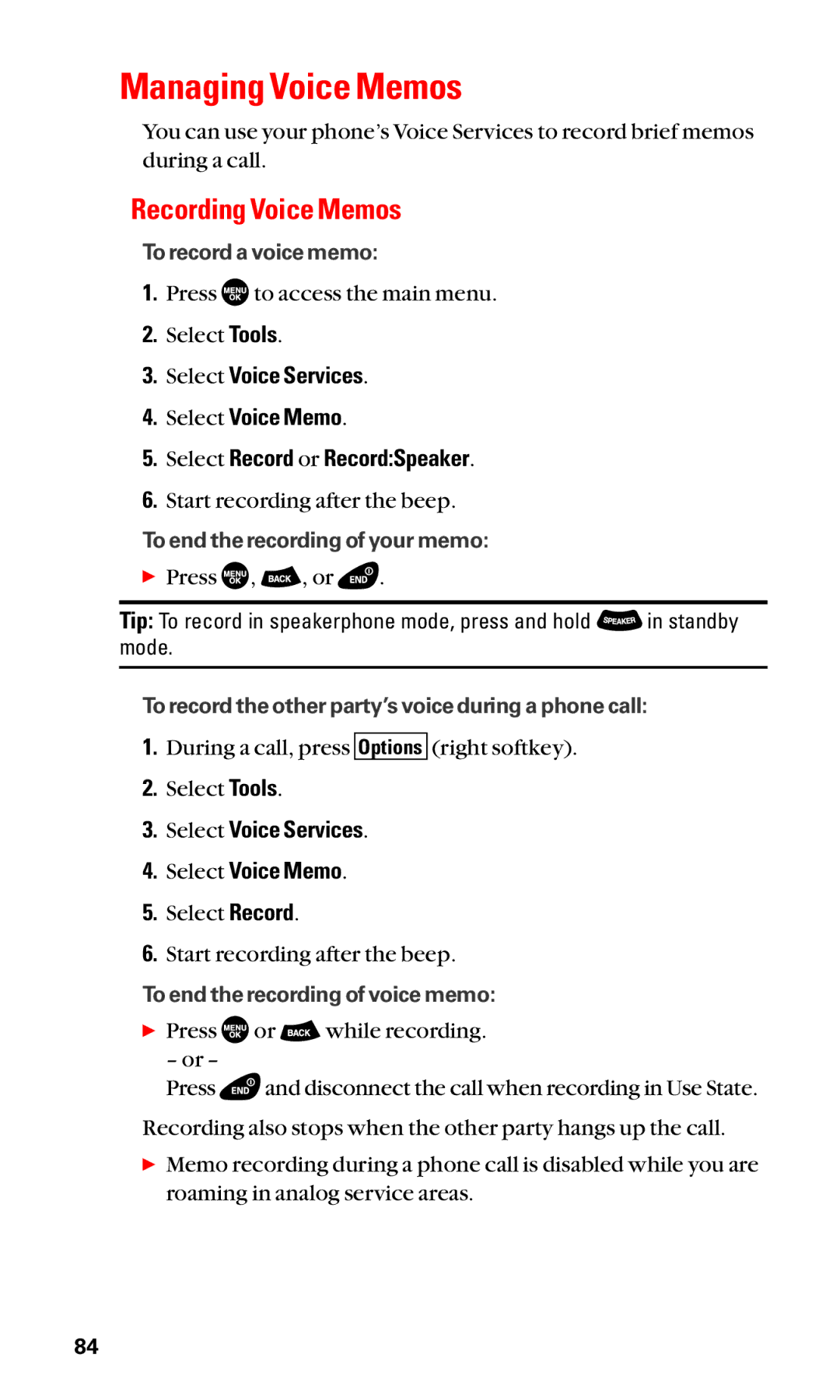 Sanyo SCP-3100 manual Managing Voice Memos, Recording Voice Memos, Select Voice Services Select Voice Memo 