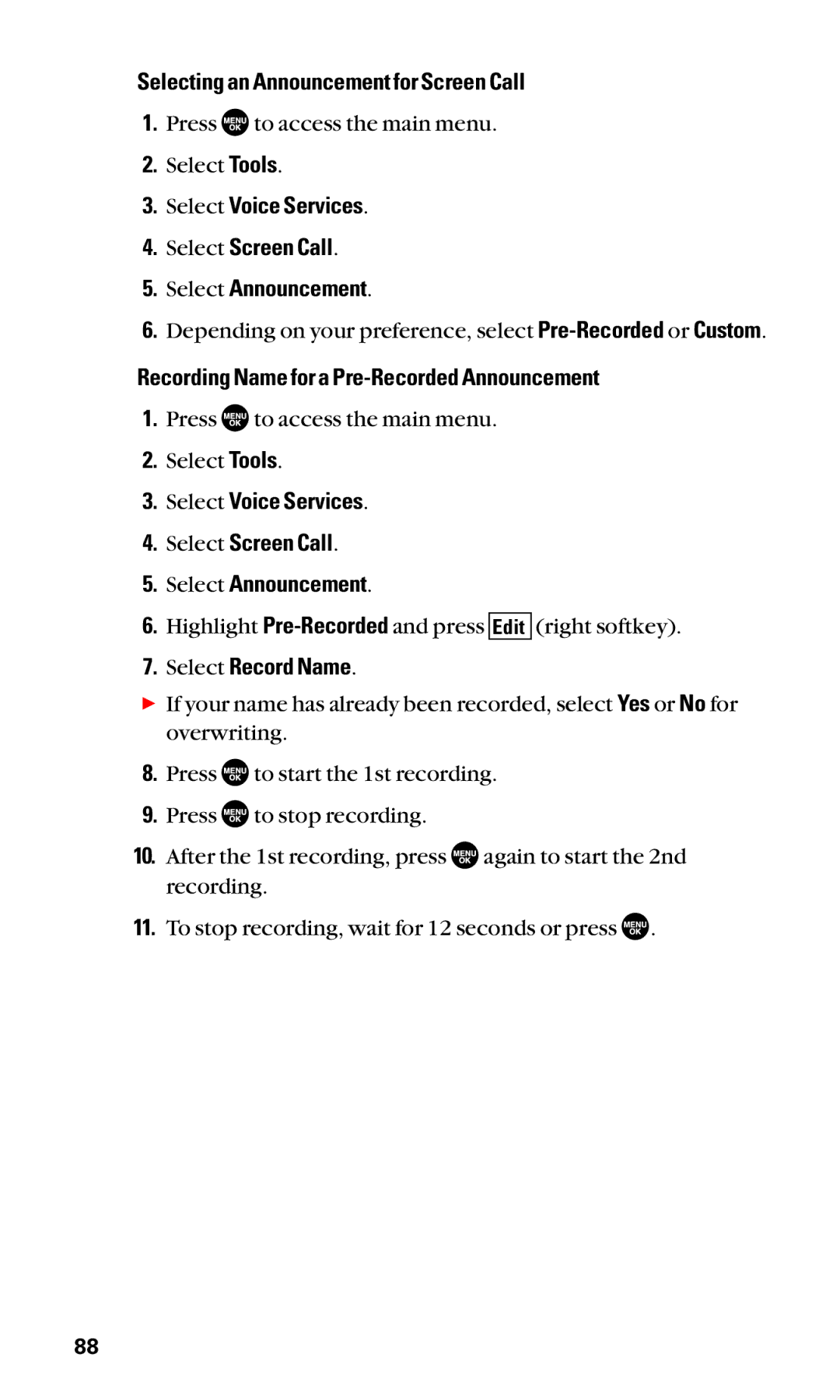 Sanyo SCP-3100 manual Selecting an Announcement for Screen Call, Recording Name for a Pre-Recorded Announcement 