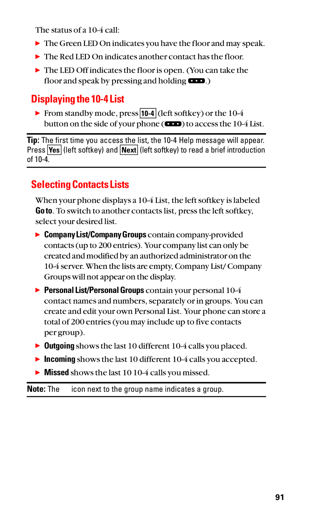 Sanyo SCP-3100 manual Displaying the 10-4 List, Selecting Contacts Lists 